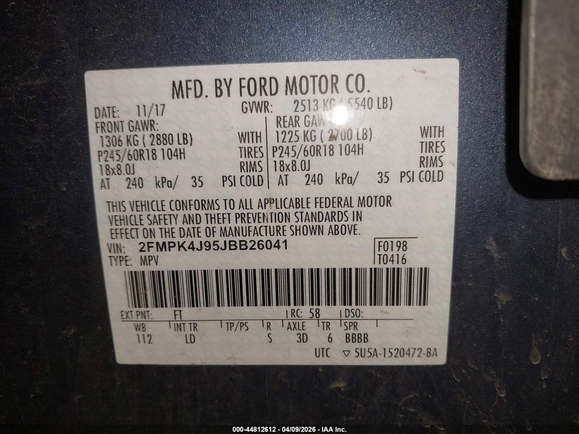 2018 Ford Edge 2.0 Sel blue Lot 111044812612 Vin 2FMPK4J95JBB26041