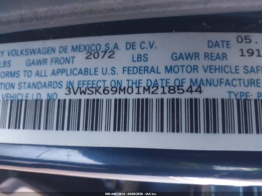 2001 Volkswagen Jetta Gls VIN: 3VWSK69M01M218544 Lot: 44812614