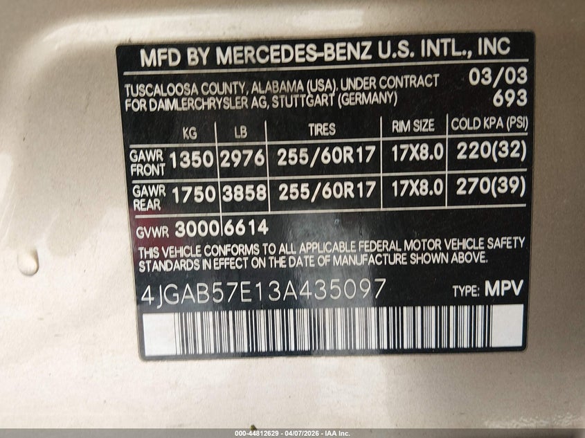 2003 Mercedes-Benz Ml 350 VIN: 4JGAB57E13A435097 Lot: 44812629