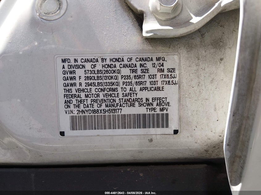 2005 Acura Mdx VIN: 2HNYD188X5H513177 Lot: 44812643