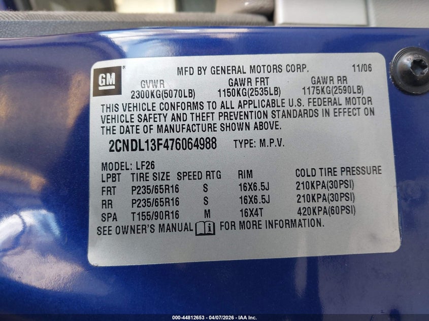 2007 Chevrolet Equinox Ls VIN: 2CNDL13F476064988 Lot: 44812653