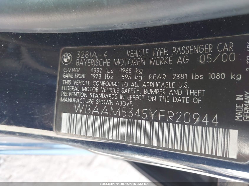 2000 BMW 328I VIN: WBAAM5345YFR20944 Lot: 44812672