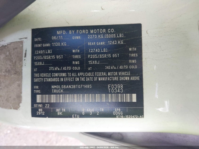 2011 Ford Transit Connect Xl VIN: NM0LS6AN3BT071485 Lot: 44812682