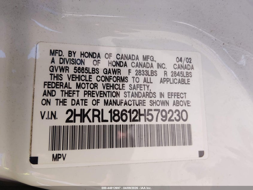 2002 Honda Odyssey Ex VIN: 2HKRL18612H579230 Lot: 44812697