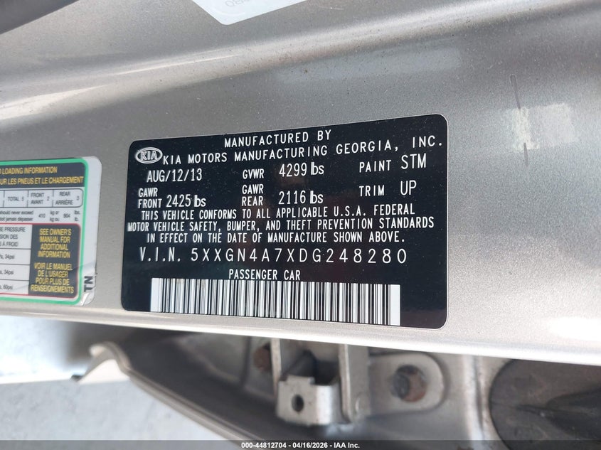 2013 Kia Optima 2.4 Ex black Lot 111044812704 Vin 5XXGN4A7XDG248280