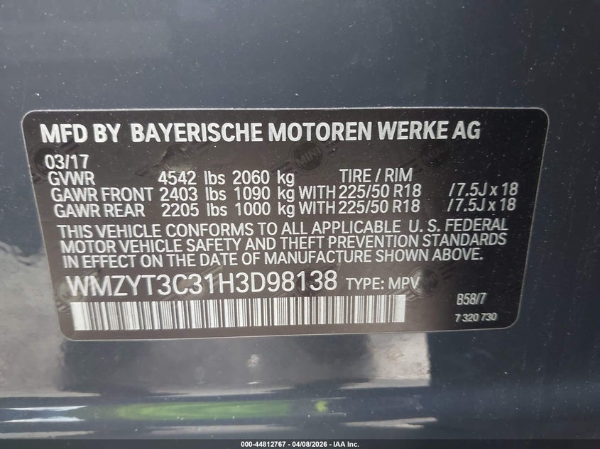 2017 Mini Countryman Cooper S VIN: WMZYT3C31H3D98138 Lot: 44812767