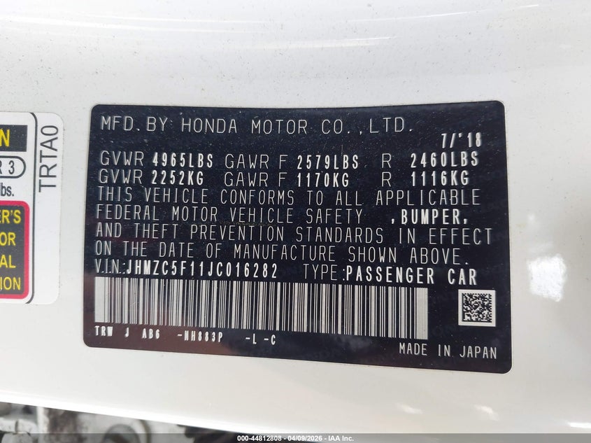 2018 Honda Clarity Plug-In Hybrid VIN: JHMZC5F11JC016282 Lot: 44812808