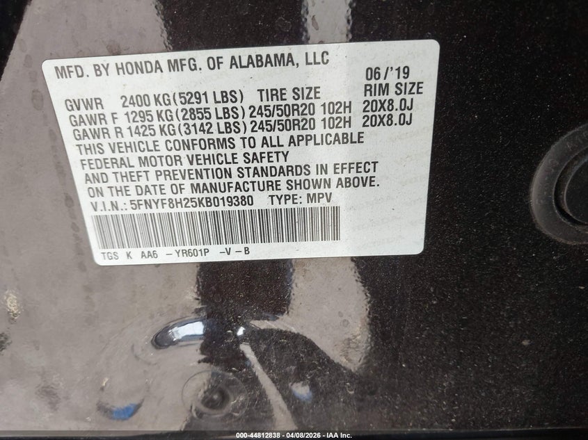 2019 Honda Passport Sport VIN: 5FNYF8H25KB019380 Lot: 44812838