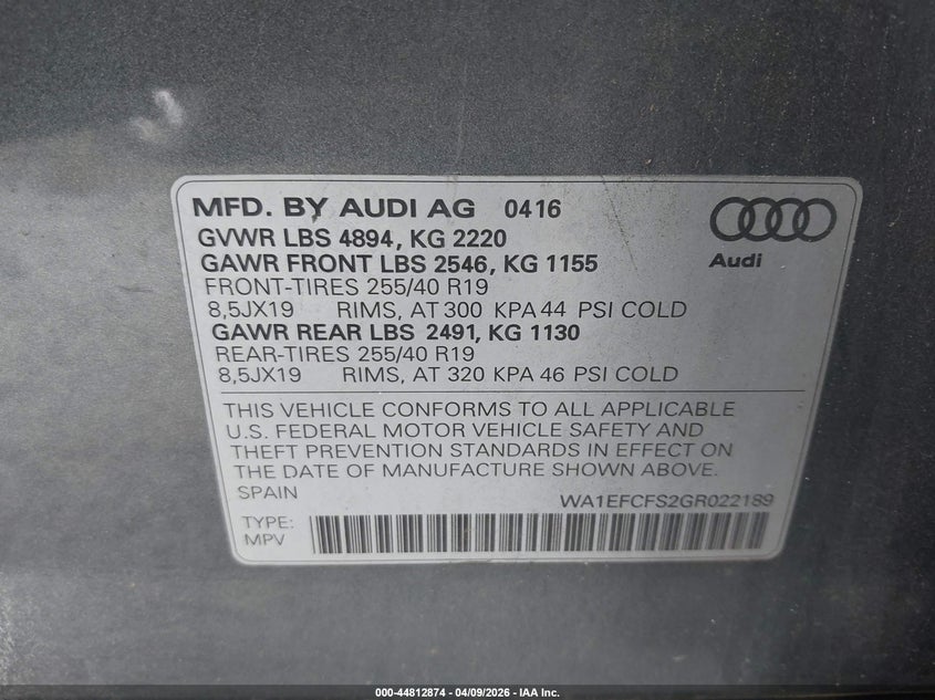 2016 Audi Q3 2.0T Premium Plus VIN: WA1EFCFS2GR022189 Lot: 44812874