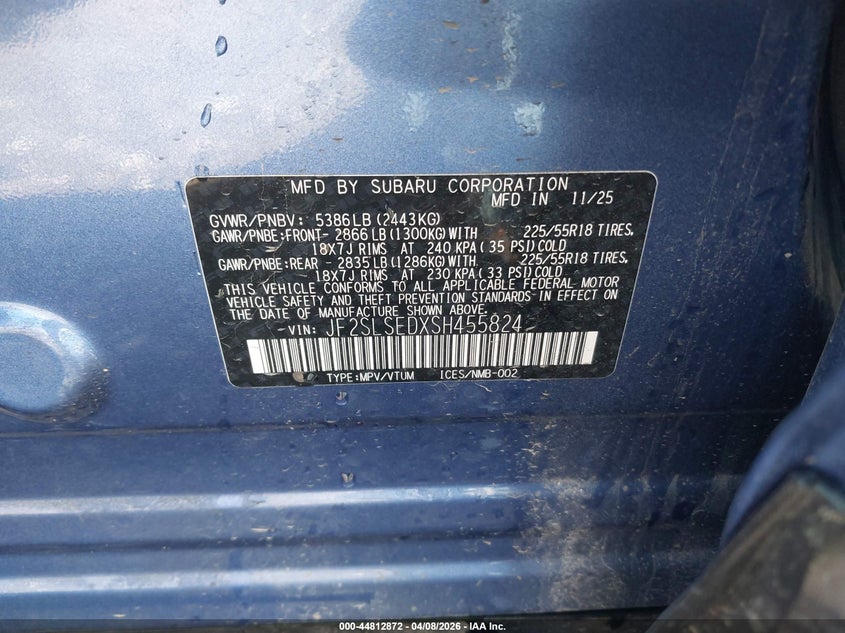 VIN: JF2SLSEDXSH455824 2025 SUBARU FORESTER PREMIUM HYBRID