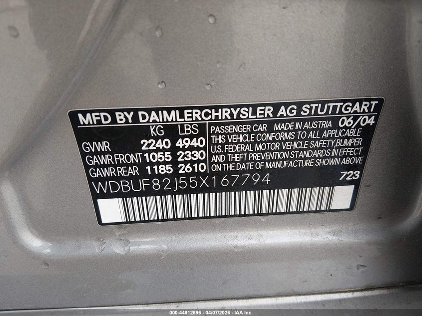 2005 Mercedes-Benz E 320 4Matic VIN: WDBUF82J55X167794 Lot: 44812896