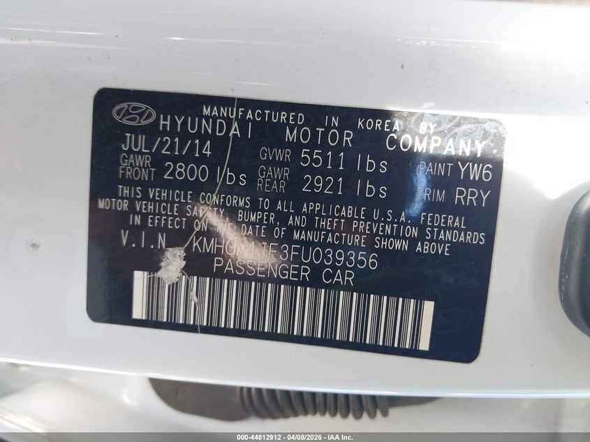 2015 Hyundai Genesis 3.8 VIN: KMHGN4JE3FU039356 Lot: 44812912