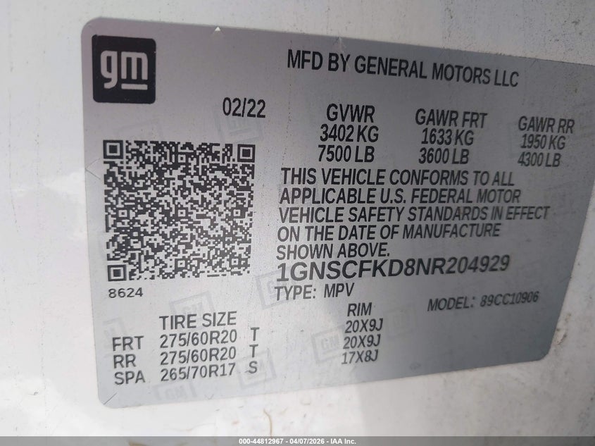 2022 Chevrolet Suburban 2Wd Premier VIN: 1GNSCFKD8NR204929 Lot: 44812967