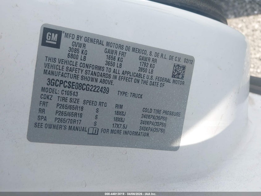 2012 Chevrolet Silverado 5.3 1500 Lt white Lot 111044813019 Vin 3GCPCSE08CG222439