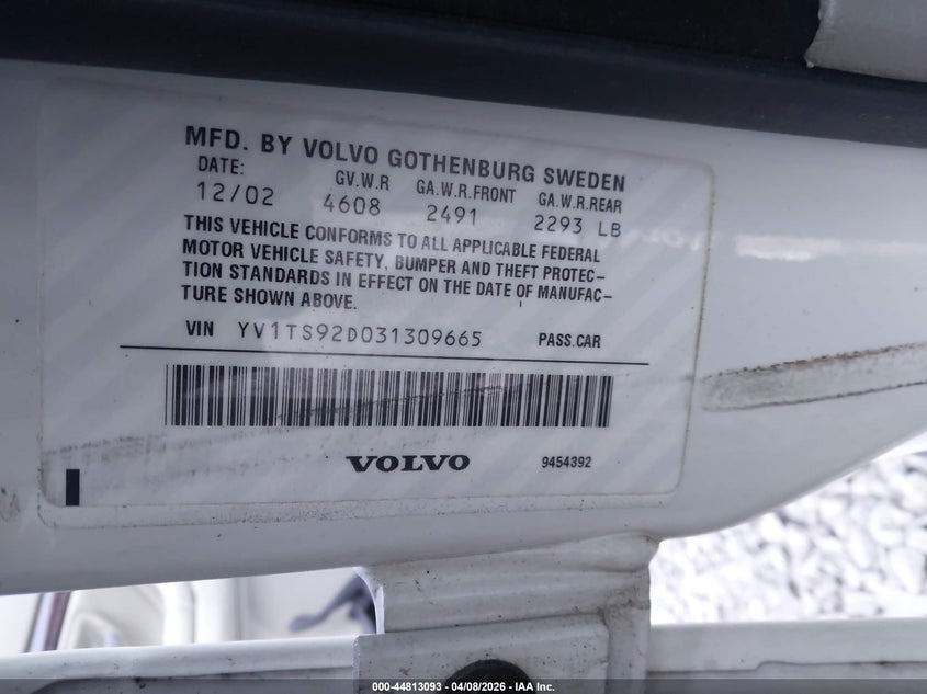 2003 Volvo S80 2.9 VIN: YV1TS92D031309665 Lot: 44813093