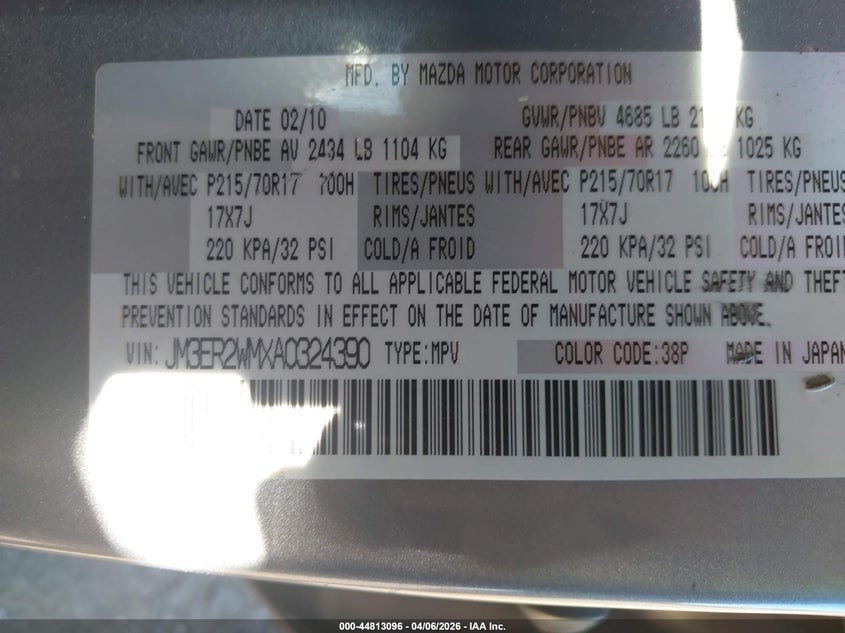 2010 Mazda Cx-7 I Sv VIN: JM3ER2WMXA0324390 Lot: 44813096