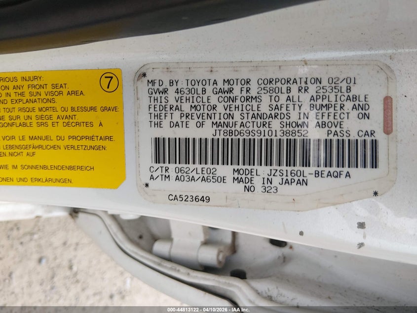 2001 Lexus Gs 300 VIN: JT8BD69S910138852 Lot: 44813122