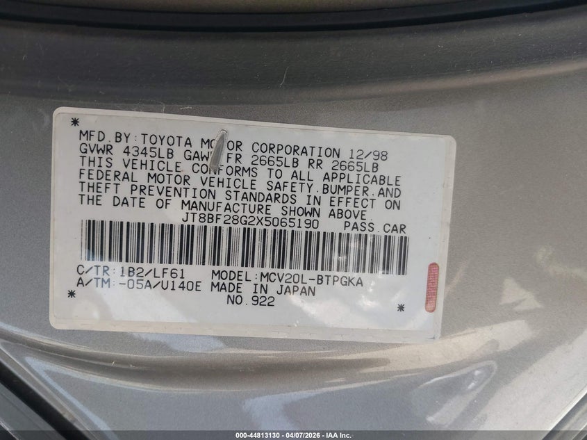 1999 Lexus Es 300 VIN: JT8BF28G2X5065190 Lot: 44813130