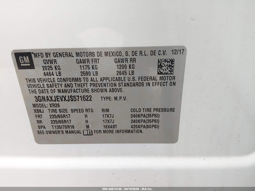 2018 Chevrolet Equinox Lt VIN: 3GNAXJEVXJS571622 Lot: 44813149