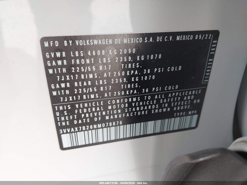 2022 Volkswagen Taos 1.5T S VIN: 3VVAX7B26NM078876 Lot: 44813190