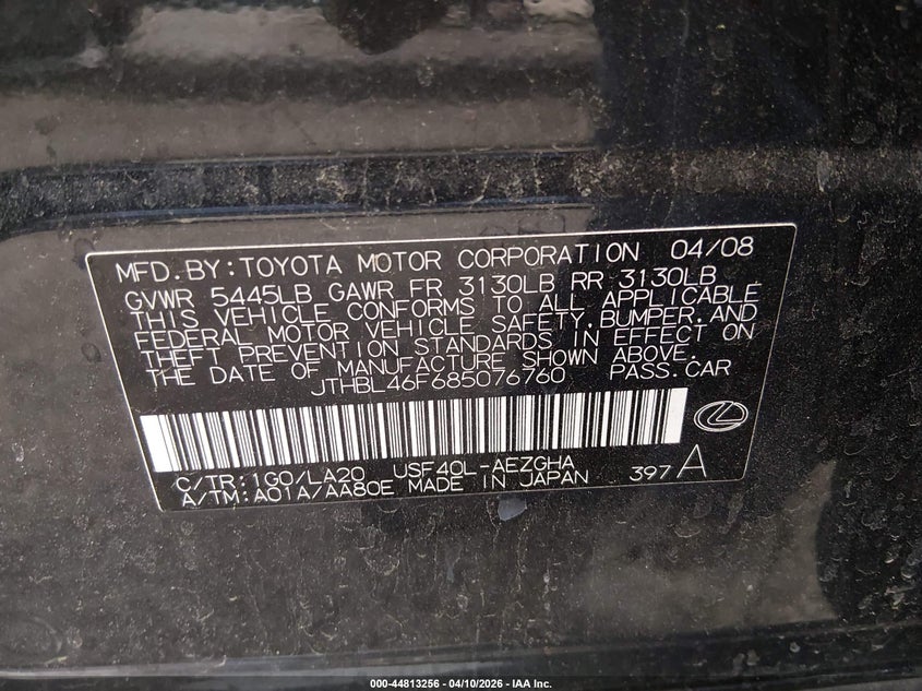 2008 Lexus Ls 460 VIN: JTHBL46F685076760 Lot: 44813256