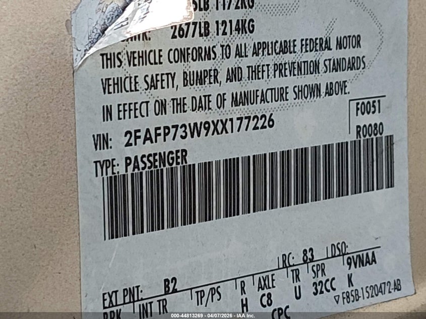 1999 Ford Crown Victoria VIN: 2FAFP73W9XX177226 Lot: 44813269