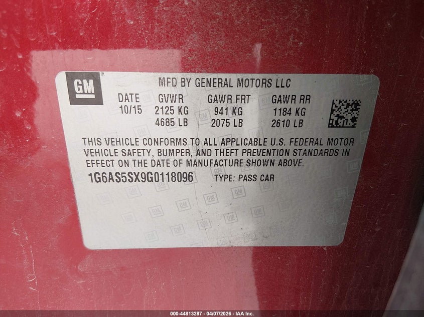 2016 Cadillac Cts Performance Collection VIN: 1G6AS5SX9G0118096 Lot: 44813287