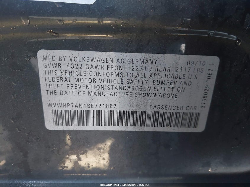 2011 Volkswagen Cc Sport VIN: WVWNP7AN1BE721857 Lot: 44813294