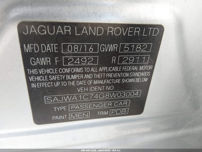 2016 Jaguar Xj R-Sport VIN: SAJWA1C74G8W03004 Lot: 44813295