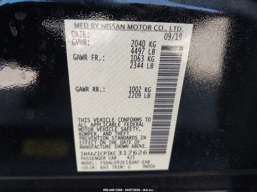 2019 Nissan Leaf Sv VIN: 1N4AZ1CP3KC317626 Lot: 44813365