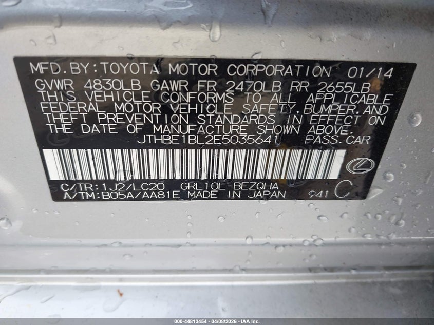 2014 Lexus Gs 350 VIN: JTHBE1BL2E5035641 Lot: 44813454