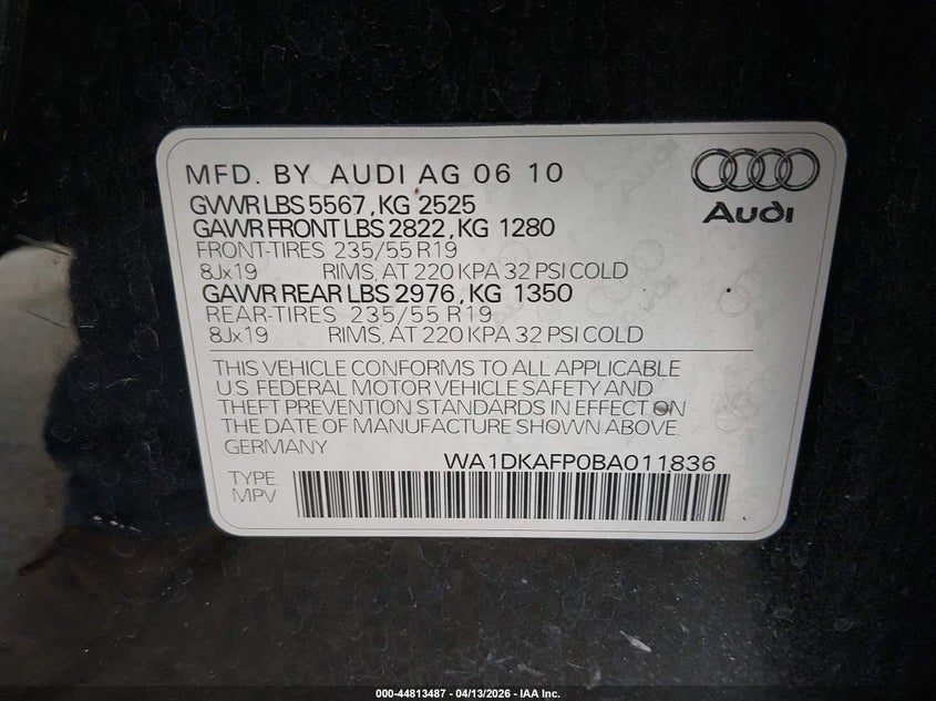 2011 Audi Q5 3.2 Premium Plus VIN: WA1DKAFP0BA011836 Lot: 44813487