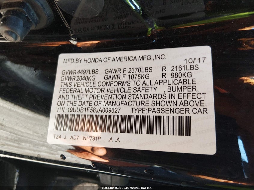 2018 Acura Tlx Tech Pkg VIN: 19UUB1F58JA009627 Lot: 44813506