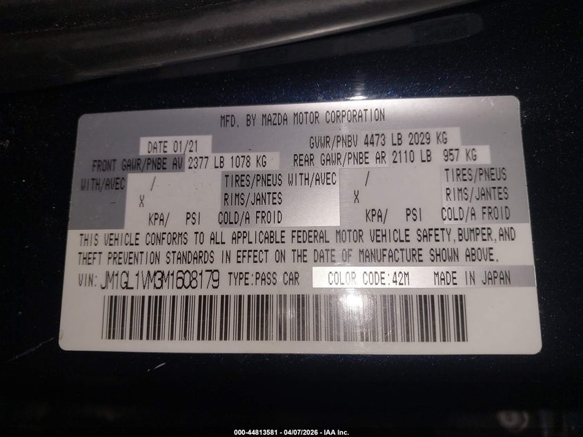 2021 Mazda Mazda6 Touring VIN: JM1GL1VM3M1608179 Lot: 44813581