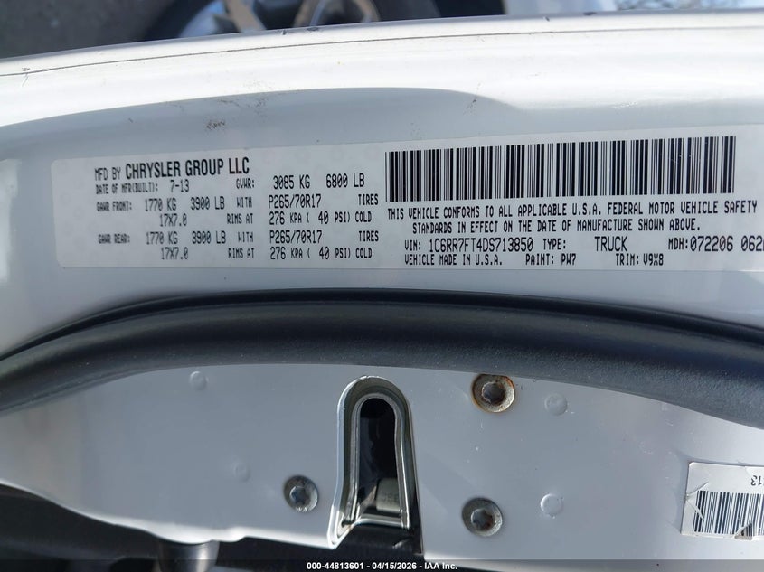 2013 Ram 1500 Tradesman VIN: 1C6RR7FT4DS713850 Lot: 44813601