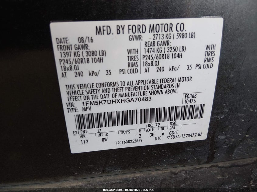 FORD EXPLORER 2017 VIN 1FM5K7DHXHGA70483