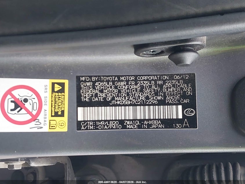 2012 Lexus Ct 200H Premium VIN: JTHKD5BH7C2112296 Lot: 44813628