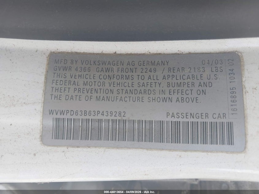 2003 Volkswagen Passat Gls VIN: WVWPD63B63P439282 Lot: 44813654