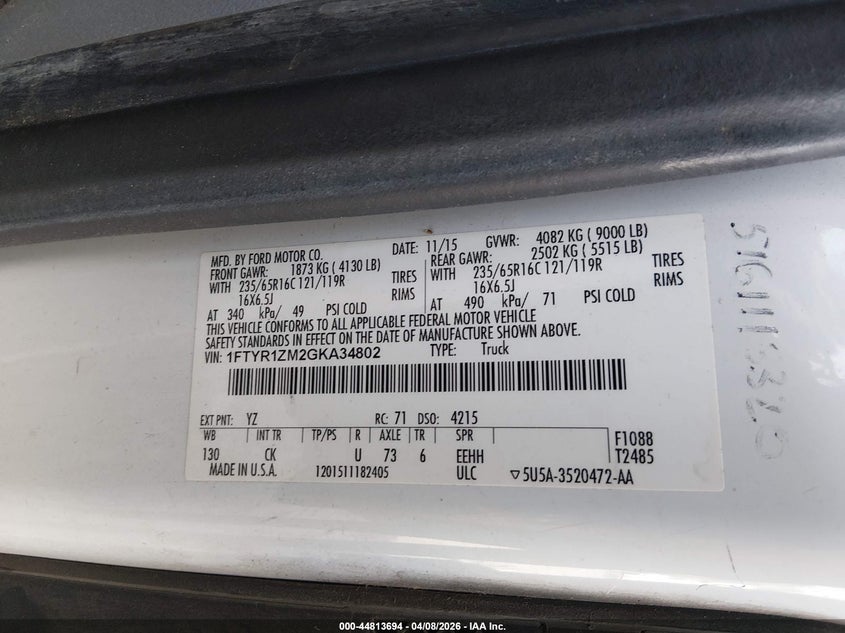 2016 Ford Transit 3.7 -250 white Lot 111044813694 Vin 1FTYR1ZM2GKA34802