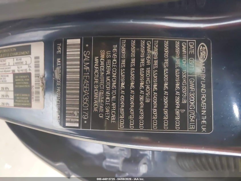 2011 Land Rover Range Rover Supercharged VIN: SALMF1E45BA350179 Lot: 44813725