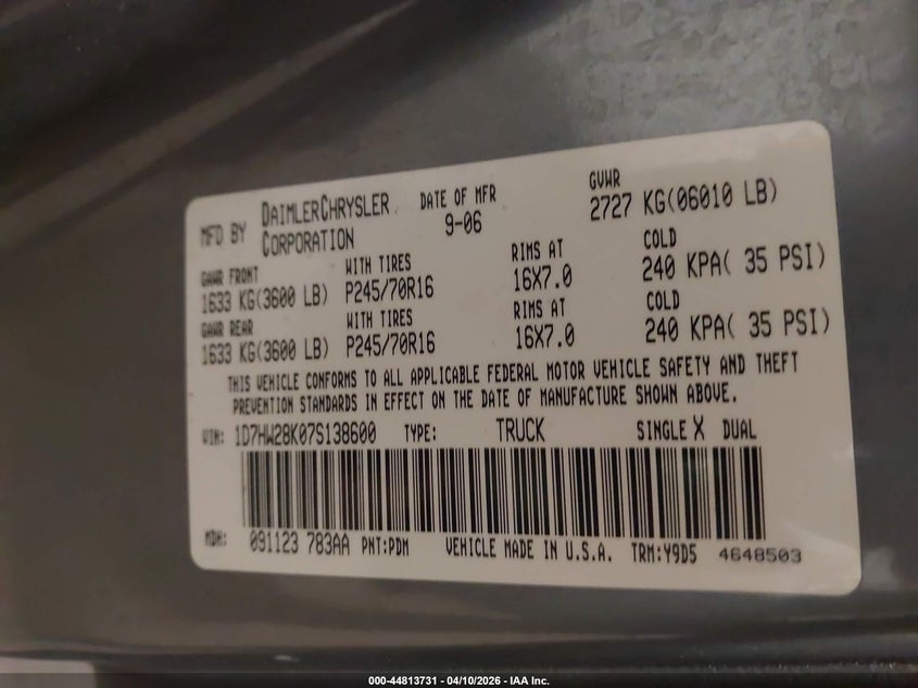 2007 Dodge Dakota St VIN: 1D7HW28K07S138600 Lot: 44813731
