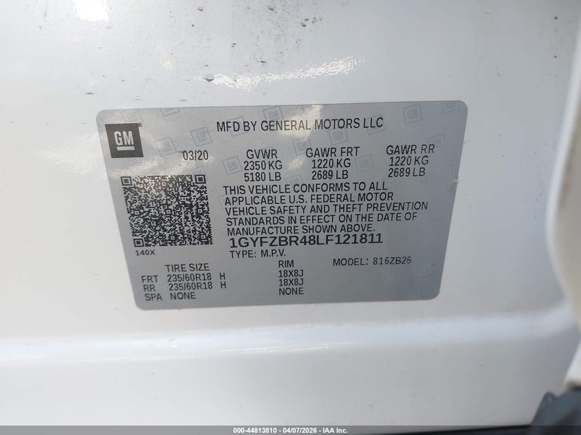 2020 Cadillac Xt4 Awd Luxury VIN: 1GYFZBR48LF121811 Lot: 44813810