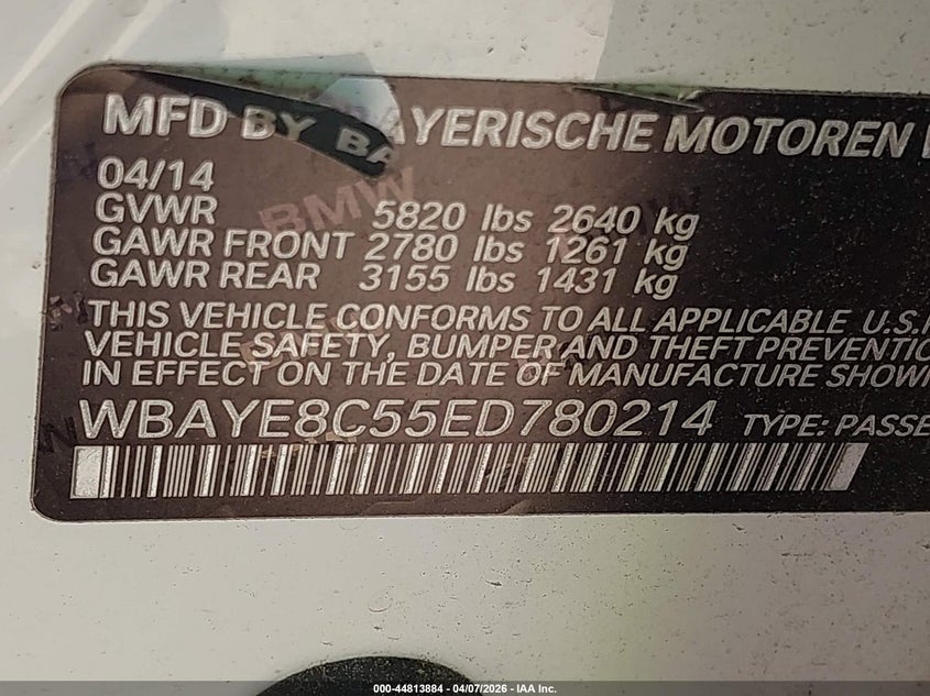 2014 BMW Alpina B7 VIN: WBAYE8C55ED780214 Lot: 44813884
