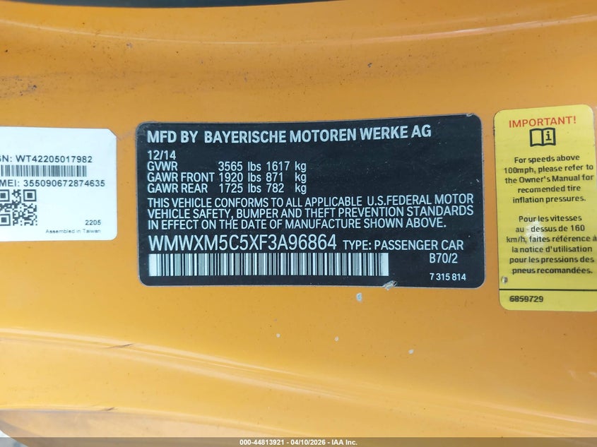 2015 Mini Hardtop Cooper VIN: WMWXM5C5XF3A96864 Lot: 44813921