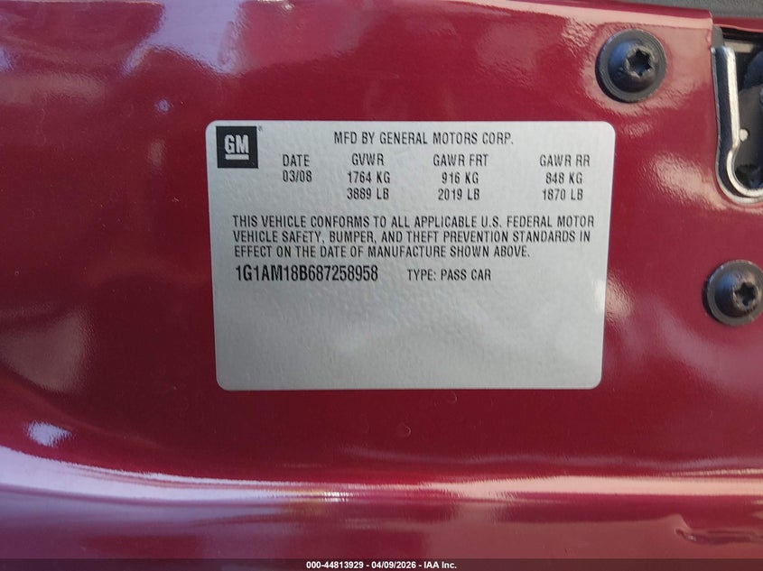 2008 Chevrolet Cobalt Sport VIN: 1G1AM18B687258958 Lot: 44813929