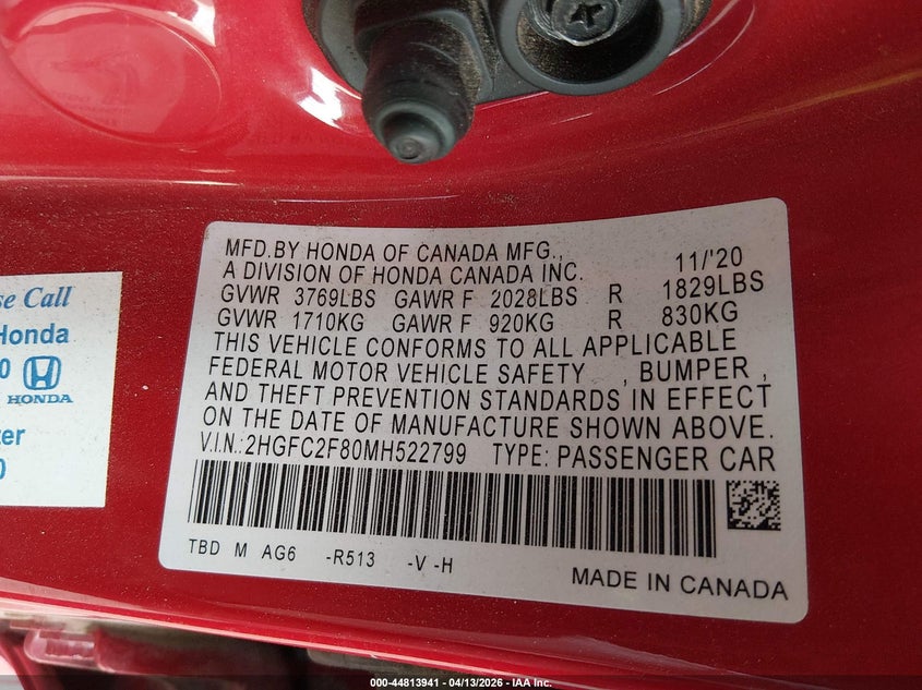 2021 Honda Civic 2.0 Sport red Lot 111044813941 Vin 2HGFC2F80MH522799