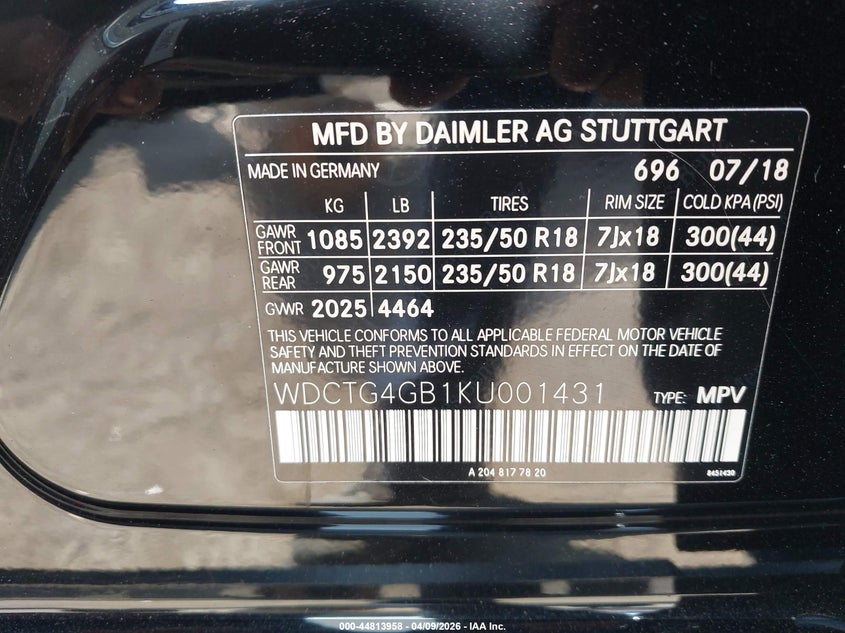 2019 Mercedes-Benz Gla 250 4Matic VIN: WDCTG4GB1KU001431 Lot: 44813958