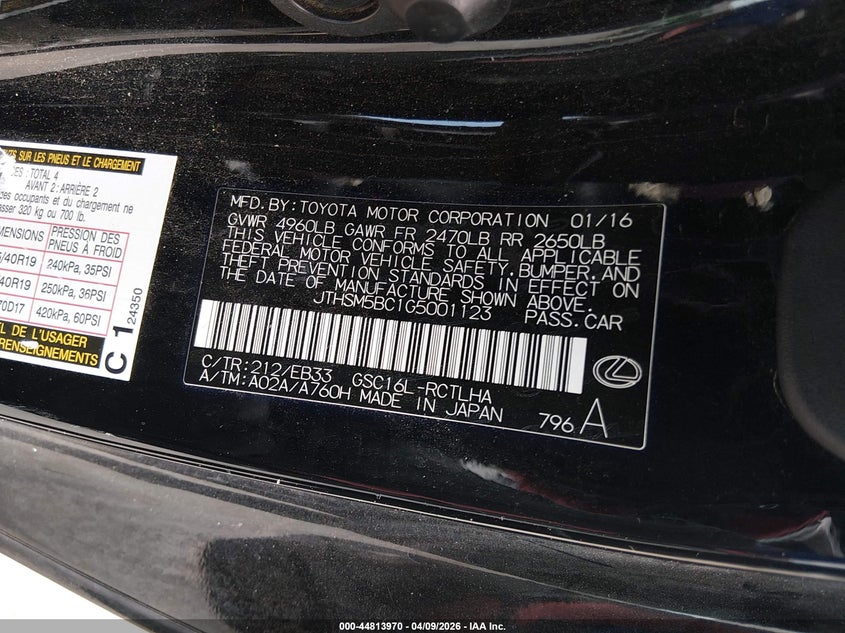 2016 Lexus Rc 300 VIN: JTHSM5BC1G5001123 Lot: 44813970