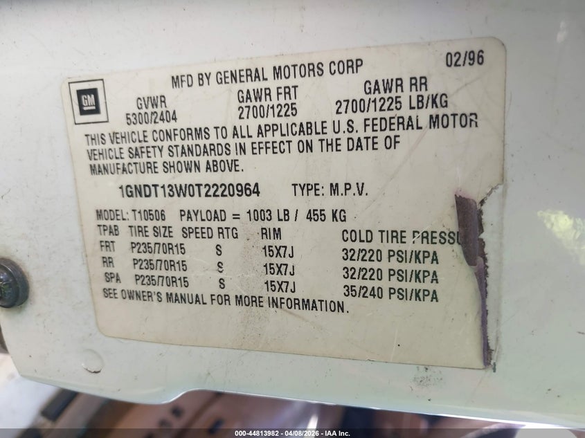 1996 Chevrolet Blazer VIN: 1GNDT13W0T2220964 Lot: 44813982