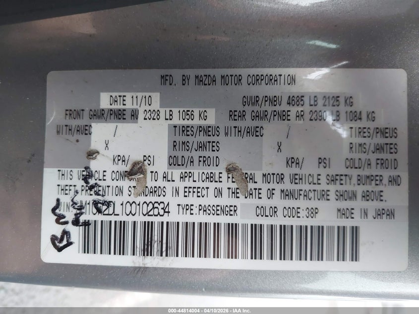 2012 Mazda Mazda5 Grand Touring VIN: JM1CW2DL1C0102634 Lot: 44814004